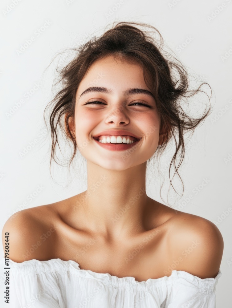 Cheerful young woman with long wavy dark hair smiling brightly against a white background showcasing natural beauty and joy. Cheerful young woman with long wavy dark hair smiling brightly against a white background showcasing natural beauty and joy.