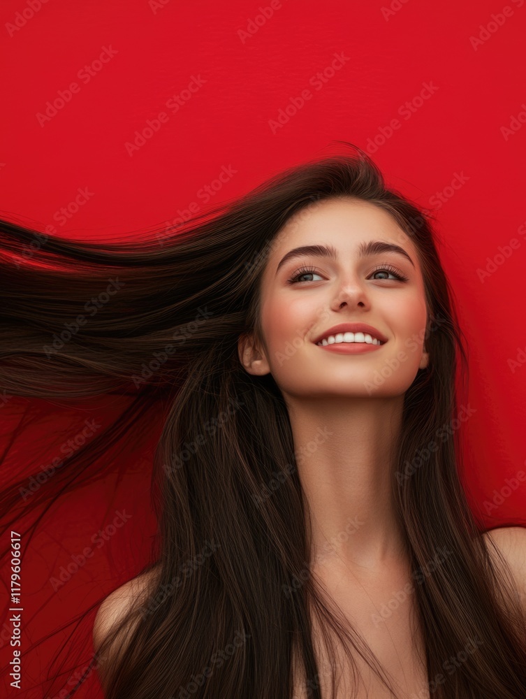 Obraz premium Smiling young woman with long silky hair playing against a vibrant red background showcasing joy and beauty with empty copyspace for text.