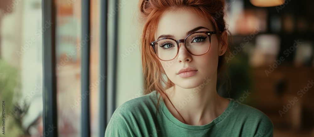 Half-Length Portrait of Young Woman with Red Hair and Glasses in Green T-Shirt Gazing Dreamily by Window with Natural Light in Cozy Room Half-Length Portrait of Young Woman with Red Hair and Glasses in Green T-Shirt Gazing Dreamily by Window with Natural Light in Cozy Room