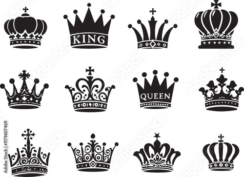 Royal king crown queen princess tiara diadem prince crowns silhouette logo vector illustration set