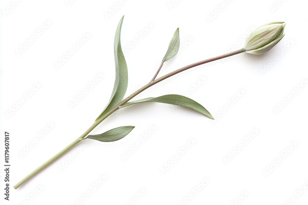 Obraz premium Graceful Leaning Tulip Stem with Delicate Leaves and Bud on White Background