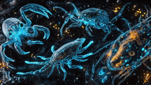 Abstract microscopic crustaceans in vibrant neon blue and gold, illuminated against a dark background, resembling a cosmic or scientific illustration. photo