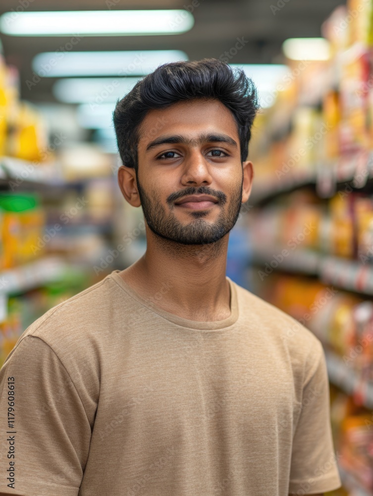 Indian male grocery shopper smiling in supermarket aisle, wearing beige shirt, showcasing positive attitude and ample empty space for text. Indian male grocery shopper smiling in supermarket aisle, wearing beige shirt, showcasing positive attitude and ample empty space for text.
