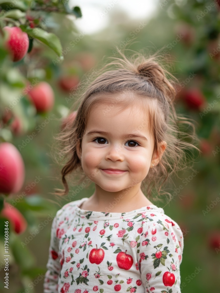 Happy preschool girl with brown hair in floral dress smiling in blooming apple orchard with red apples, celebrating birthday in nature, spring season Happy preschool girl with brown hair in floral dress smiling in blooming apple orchard with red apples, celebrating birthday in nature, spring season