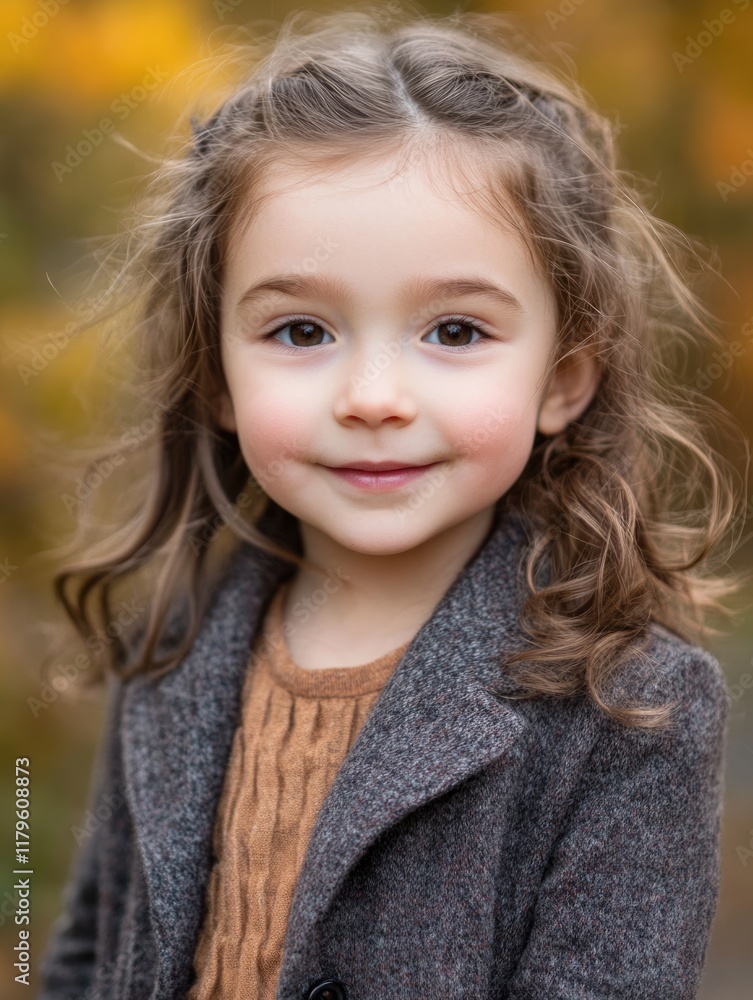 Portrait of smiling toddler girl with curly brown hair wearing grey coat and brown sweater outdoors in autumn foliage with warm yellow tones Portrait of smiling toddler girl with curly brown hair wearing grey coat and brown sweater outdoors in autumn foliage with warm yellow tones