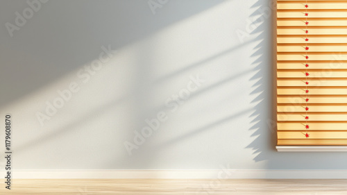 Chinese New Year style blinds concept, Elegant gold trimmed blinds with subtle red zodiac motifs casting shadows photo