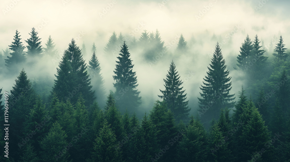 Misty pines forest on the mountain slope in a nature reserve or park. Forest of evergreen trees shrouded in fog on mountains background Misty pines forest on the mountain slope in a nature reserve or park. Forest of evergreen trees shrouded in fog on mountains background