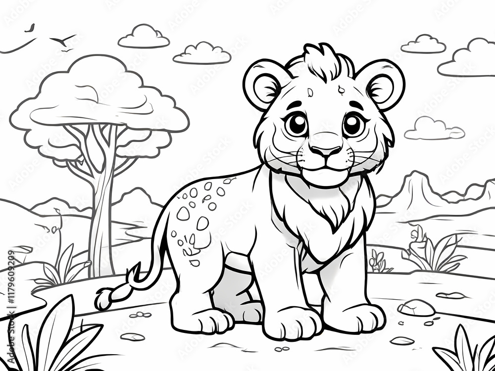 Fototapeta premium Baby Lion in Forest with White Background 