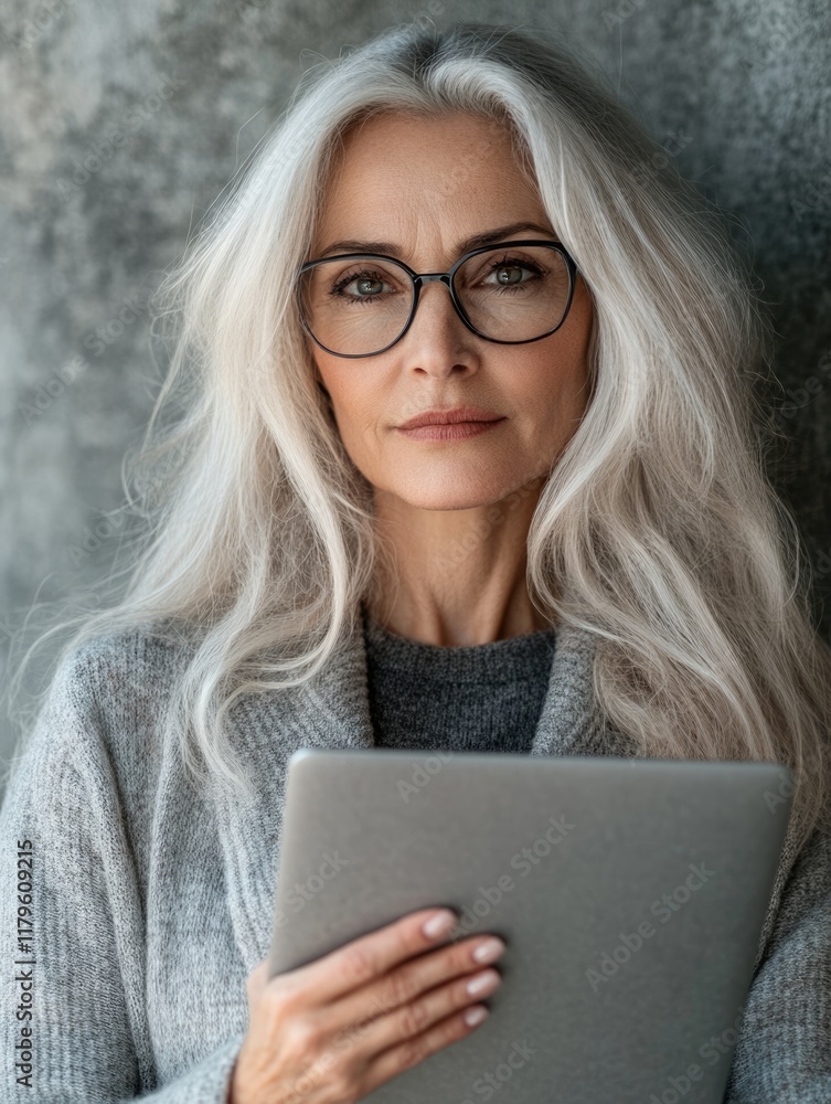 Mature woman with long gray hair wearing glasses holding a tablet in a cozy gray sweater posing for the camera against a neutral backdrop Mature woman with long gray hair wearing glasses holding a tablet in a cozy gray sweater posing for the camera against a neutral backdrop