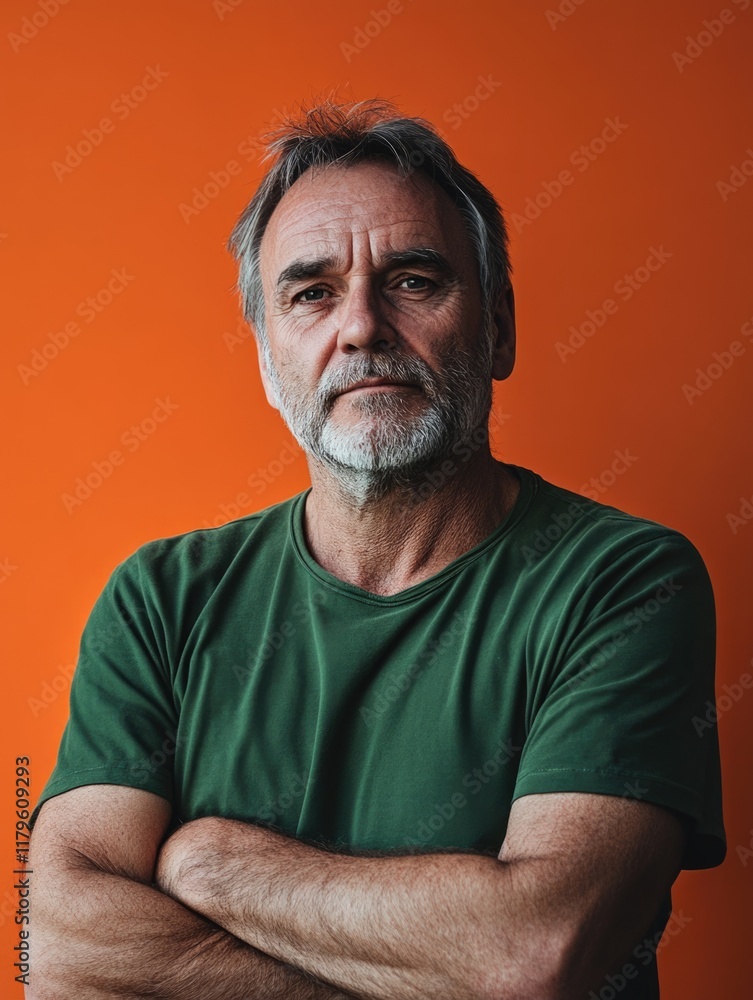 Middle-aged man with gray beard wearing green shirt poses confidently against vibrant orange background showcasing ample copyspace for text. Middle-aged man with gray beard wearing green shirt poses confidently against vibrant orange background showcasing ample copyspace for text.