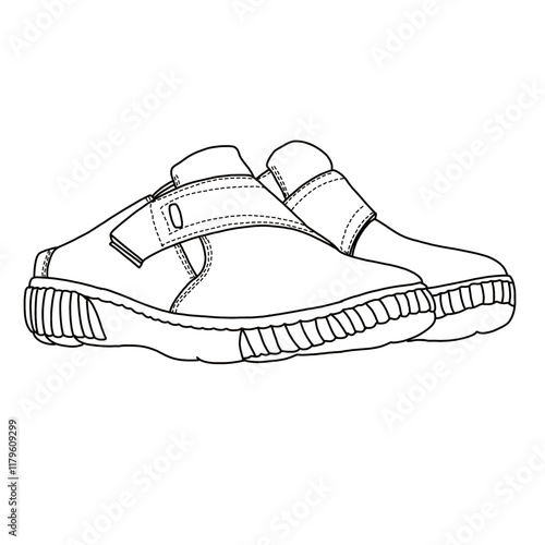Women's mules slip on shoes Line art, Technical sketch hand drawing outline vector doodle side isometric view isolated on white background for coloring page