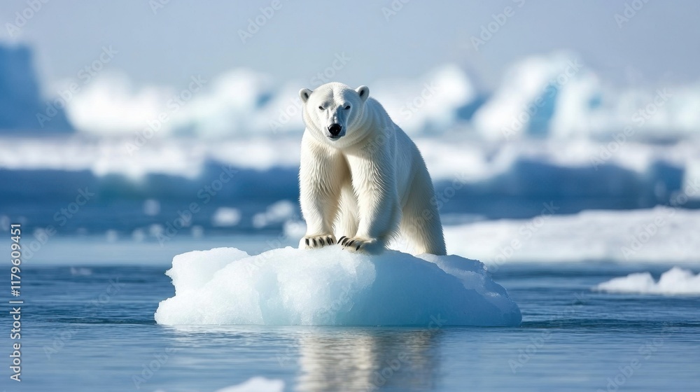 Majestic Polar Bear Standing on Iceberg in Arctic Ocean Landscape Majestic Polar Bear Standing on Iceberg in Arctic Ocean Landscape