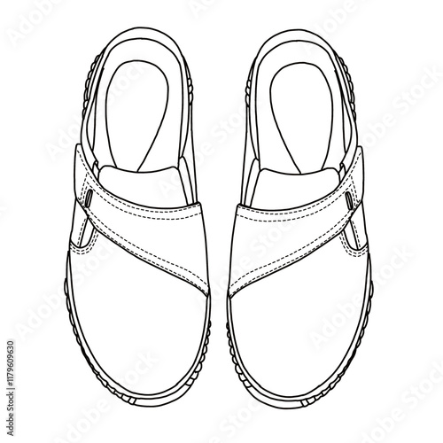 Women's mules slip on shoes Line art, Technical sketch hand drawing outline vector doodle top view isolated on white background for coloring page