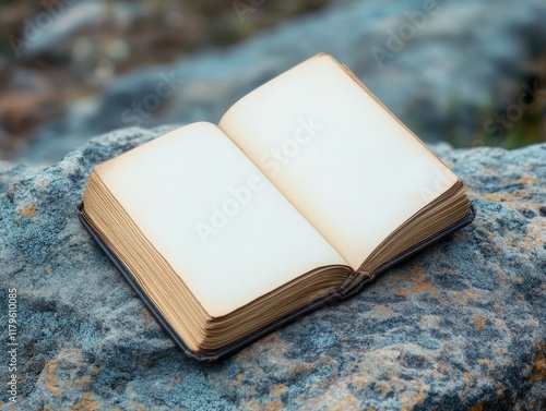 Open vintage book resting on textured stone surface, featuring large empty pages for text and subtle outdoor lighting, perfect for search reference design. photo