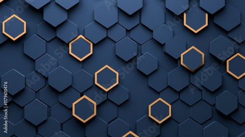 Textured dark blue background featuring hexagonal shapes with orange outlines, creating modern and dynamic design. Ideal for backgrounds, wallpapers, or graphic projects
