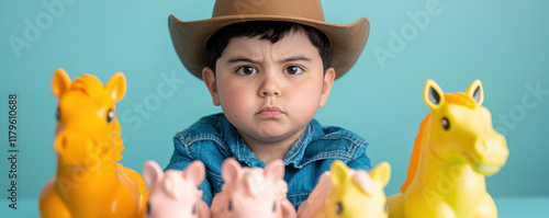 boy in cowboy hat plays with colorful toy horses, showing serious expression