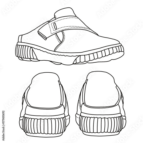 Women's mules slip on shoes Line art, Technical sketch hand drawing outline vector doodle side and rear view isolated on white background for coloring page