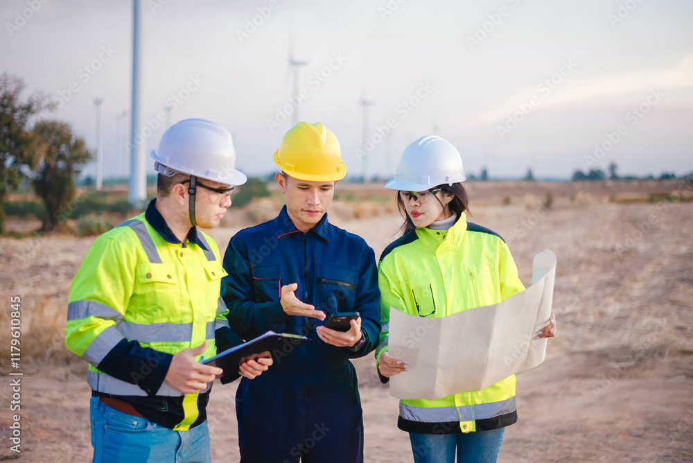 Engineer, technician, and architect met to inspect the area for installing wind turbines to produce renewable energy for the community. Engineer, technician, and architect met to inspect the area for installing wind turbines to produce renewable energy for the community.
