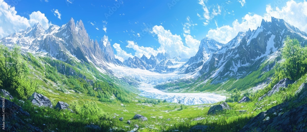 Fototapeta premium Breathtaking panoramic scene of La Mer de Glace glacier nestled in the Chamonix French Alps, surrounded by majestic rugged peaks and vibrant greenery under a clear blue sky