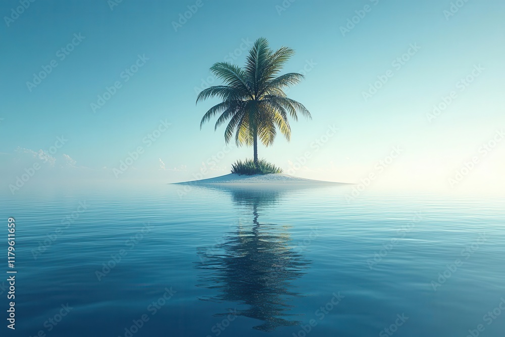 Fototapeta premium minimalist digital illustration of solitary palm tree on tiny tropical island with gradient blue ocean and clear sky