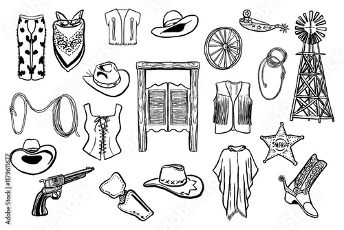 Wild western. Cowboy hat, poncho, gun, spur boots, lasso. Hand drawn vector isolated set.