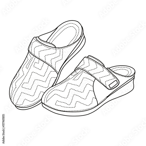 Women's Slip on Mules Comfortable Casual Shoes with Adjustable Instep line art, Technical sketch hand drawing outline vector doodle side isometric view isolated on white background for coloring page