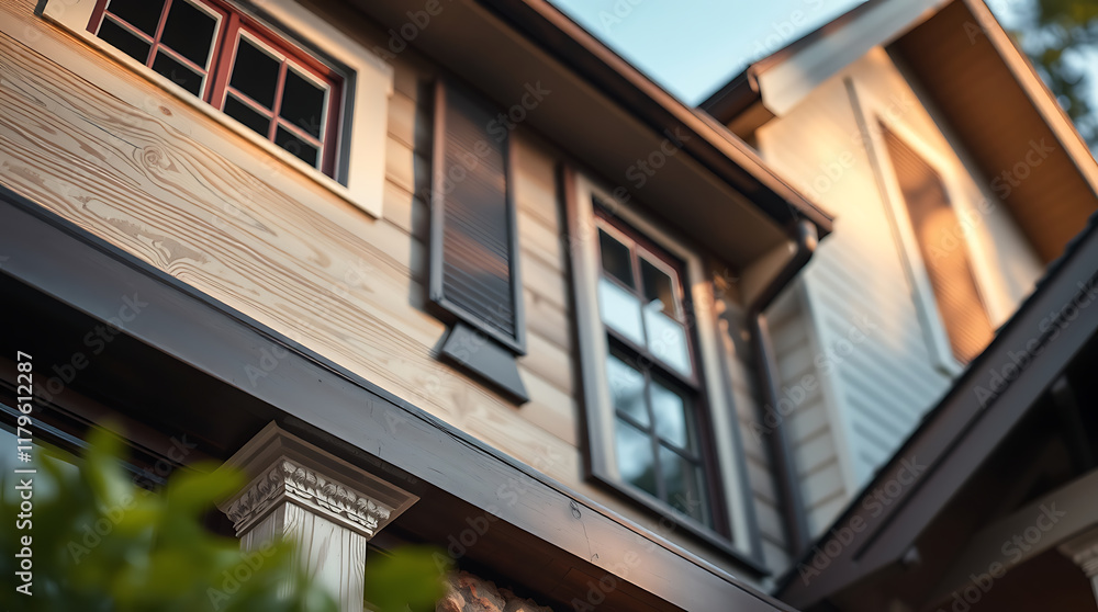 Exterior View of Two-Story House with Wood Siding and Dark Trim Exterior View of Two-Story House with Wood Siding and Dark Trim