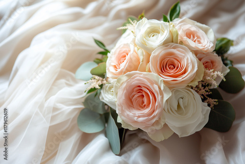 Pale pink rose bouquet and silk bedding neutral color background, blank wedding invitation paper card close up