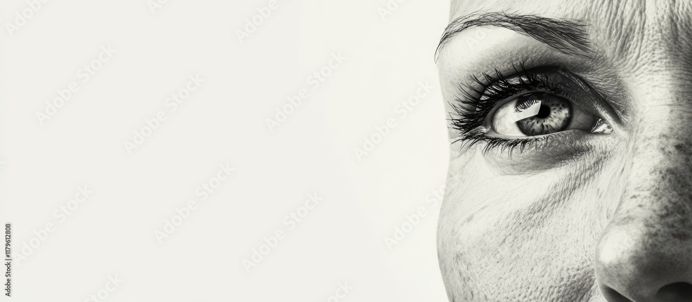 Obraz premium Close-up of mature woman's face featuring prominent wrinkles and expressive eyes with large neutral empty background for advertising or text placement
