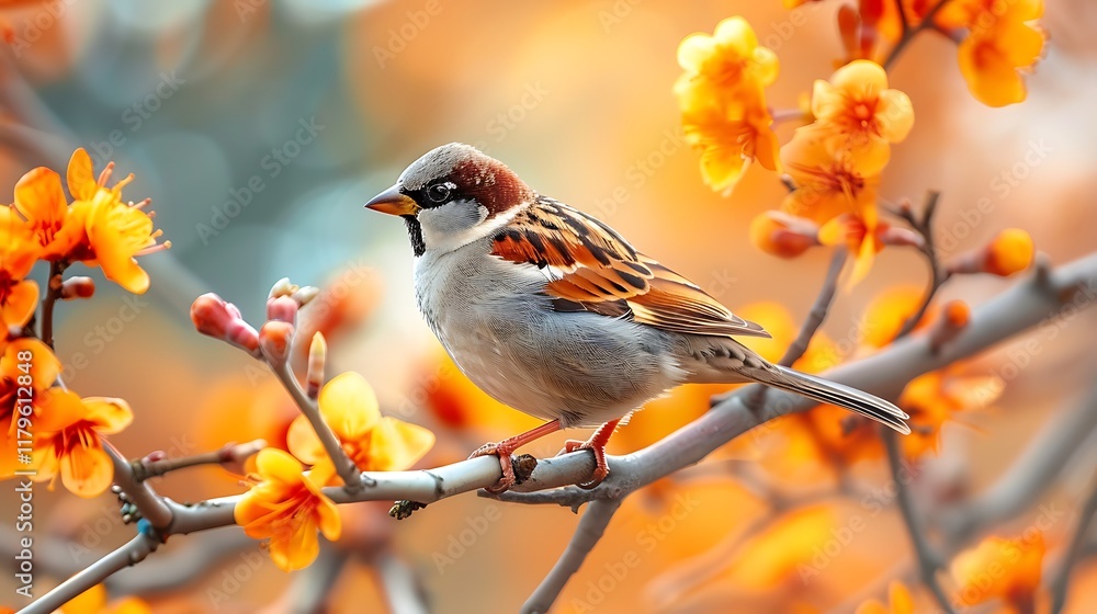 Closeup of a charming sparrow bird on an orange blooming tree branch during a warm summer Closeup of a charming sparrow bird on an orange blooming tree branch during a warm summer