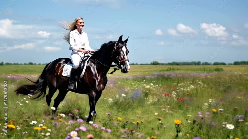 slow motion video of a beautiful woman riding a black horse in a wide grass field during the day