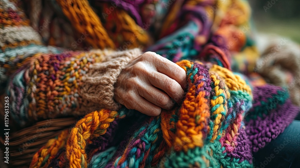 Cozy hands wrapped in a colorful knitted blanket during a serene afternoon Cozy hands wrapped in a colorful knitted blanket during a serene afternoon
