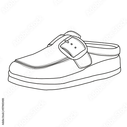 Women's Slip on Mules with strap line art, Technical sketch hand drawing outline vector doodle side isometric view isolated on white background for coloring page