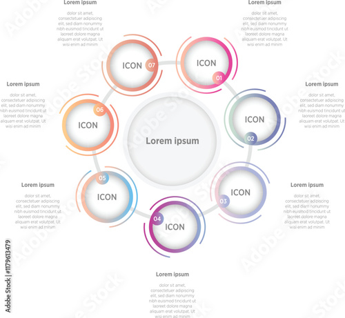 Colorful Modern Infographic design circle 7 steps or options business information colored template