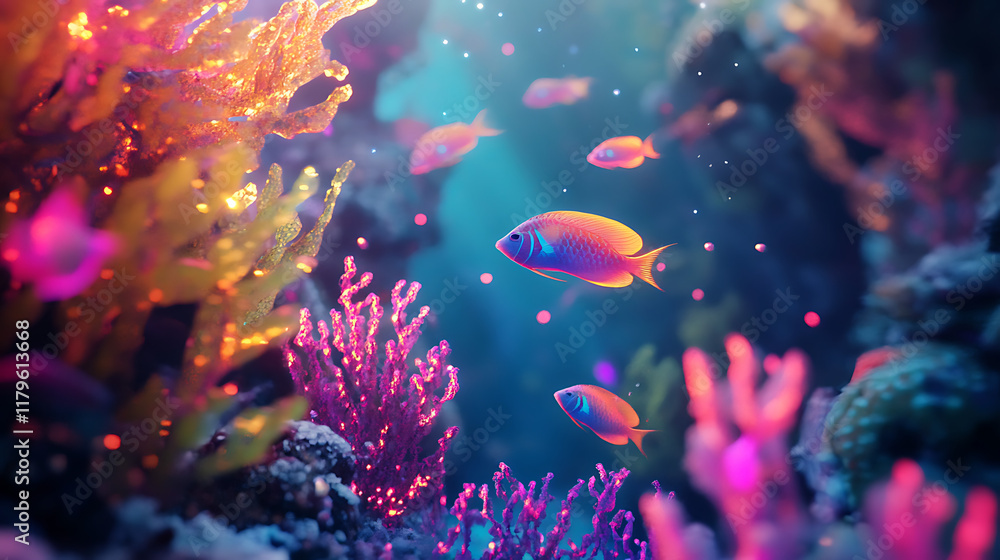 A vibrant underwater scene with colorful fish and coral reefs illuminated by soft light. A vibrant underwater scene with colorful fish and coral reefs illuminated by soft light.