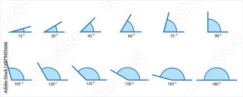 Angle 15, 30, 45, 60, 75, 90, 105, 120, 135, 150, 165 and 180 degrees vector icon set, flat style blue color angles, Math geometric design element, angles templates vectors illustration.