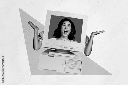 Creative collage image of astonished black white girl inside pc monitor isolated on drawing background photo