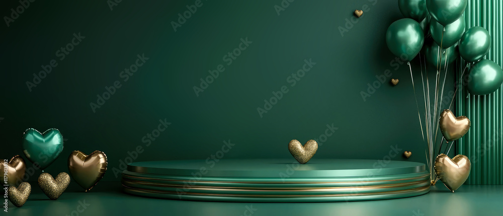 Fototapeta premium Emerald green 3D podium, stage with golden, emerald heart balloons, confetti. Vertical mockup for Valentine’s Day, love promotions, weddings, anniversaries, and festive celebrations. Generative ai 