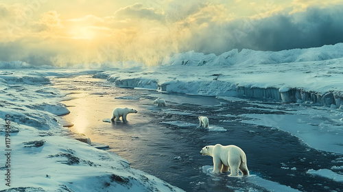 A frozen tundra scene features several polar bears walking along a river, surrounded by icy landscapes and dramatic clouds, with sunlight breaking through