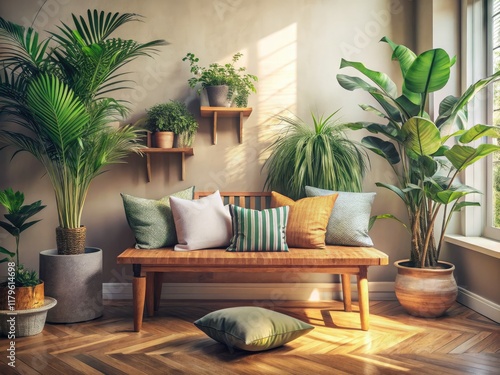 Serene wooden bench bathed in natural light, minimalist decor, indoor plants, and cozy pillows.
