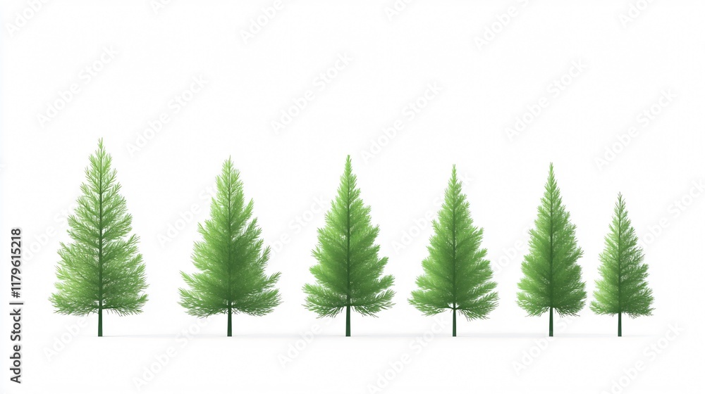 Obraz premium Serene Minimalism: Six Evergreen Trees on White - Nature's Green Symphony
