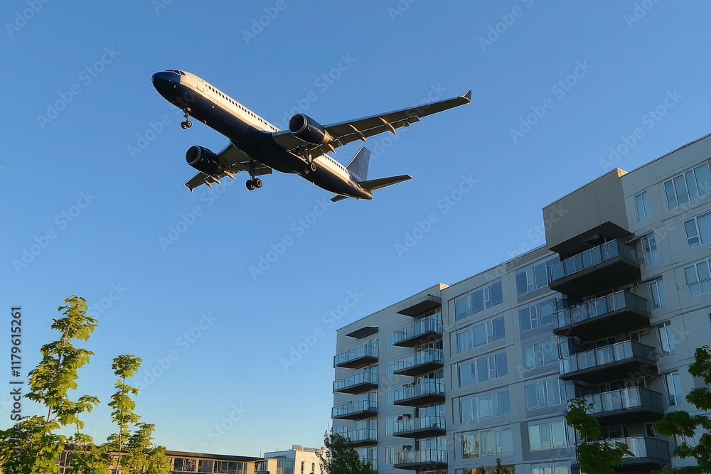 Airplane Approaching for Landing Over Modern Apartment Building in Clear Blue Sky During Daytime with Urban Landscape in the Foreground Airplane Approaching for Landing Over Modern Apartment Building in Clear Blue Sky During Daytime with Urban Landscape in the Foreground