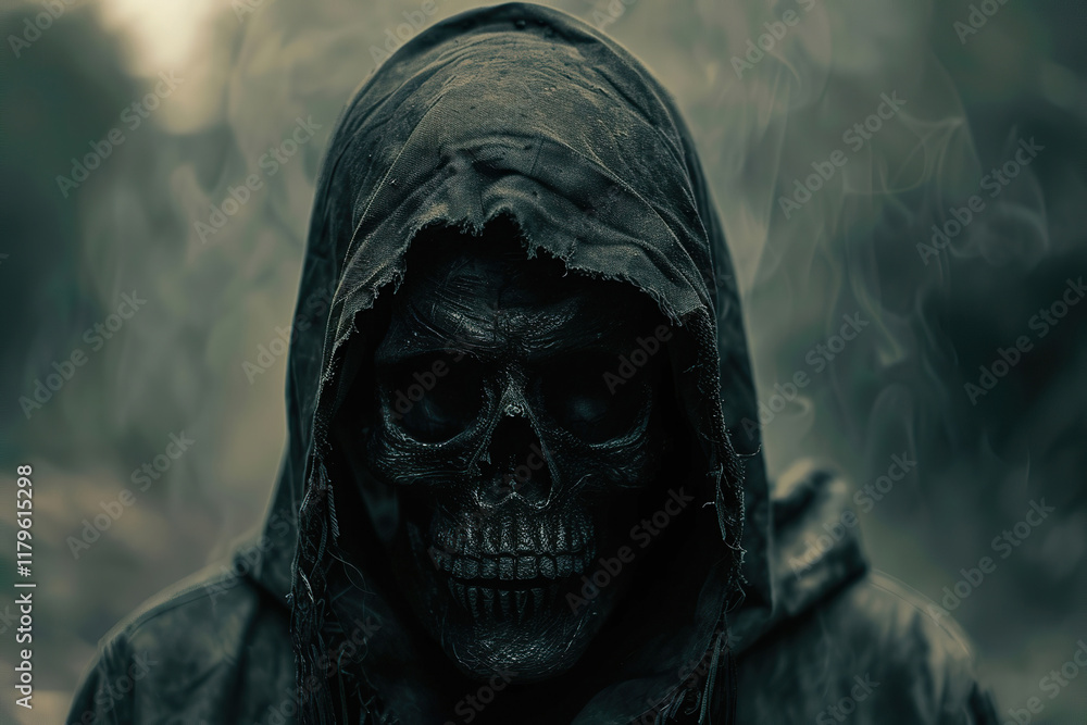 Scary grim reaper with sharp scythe in hell with dark dramatic color, abstract vivid composition consists of fictional unreal fantastic vision on background Scary grim reaper with sharp scythe in hell with dark dramatic color, abstract vivid composition consists of fictional unreal fantastic vision on background