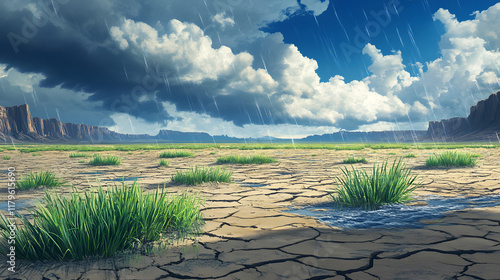 A parched cracked desert floor features vibrant green grass patches, with dramatic clouds and rain in the background, showcasing a striking contrast between dryness and life