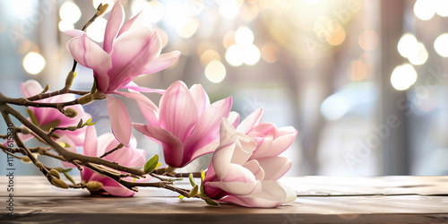 Empty wooden table in front spring mimosa flowers blurred background banner for product display in a coffee shop, local market or bar	 photo