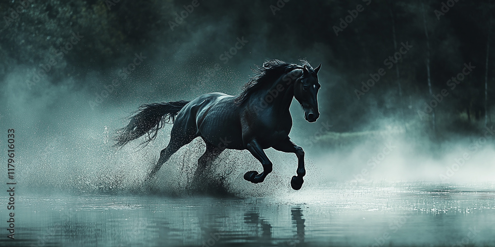 Obraz premium A majestic black horse galloping through shallow water at night, surrounded by mist, creating a dynamic and dramatic scene.