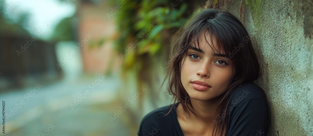 Fototapeta premium Multicultural young woman with long dark hair leaning against a textured wall outdoors in soft natural light with greenery and urban background.