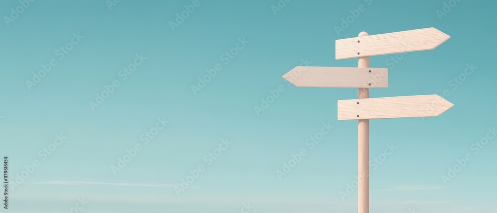 Empty white wooden directional signpost with three blank arrows against clear turquoise gradient sky background in minimalist style. Generative AI