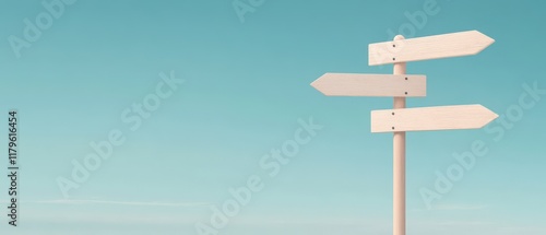 Empty white wooden directional signpost with three blank arrows against clear turquoise gradient sky background in minimalist style. Generative AI