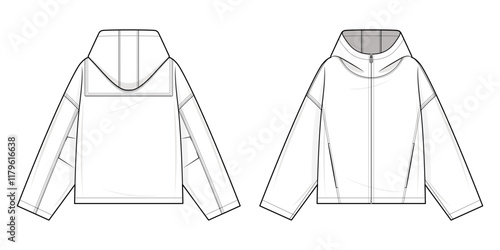 Nautical style hooded jacket technical fashion illustration. Hoodie with Side Seam Pocket template illustration. Front and back view. Drop shoulder. Unisex. Sailor chic. White color. CAD mockup.